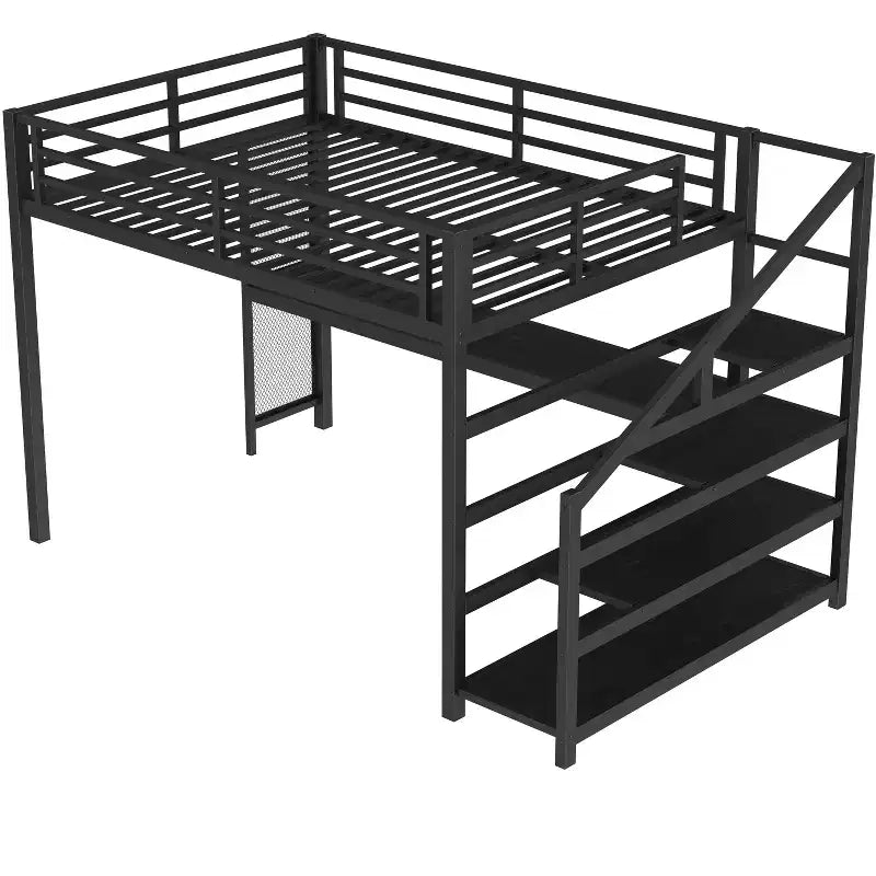 Lit mezzanine en métal avec bureau, escalier de rangement, lumières LED, ports USB, pas besoin de sommier tapissier et silencieux, noir
