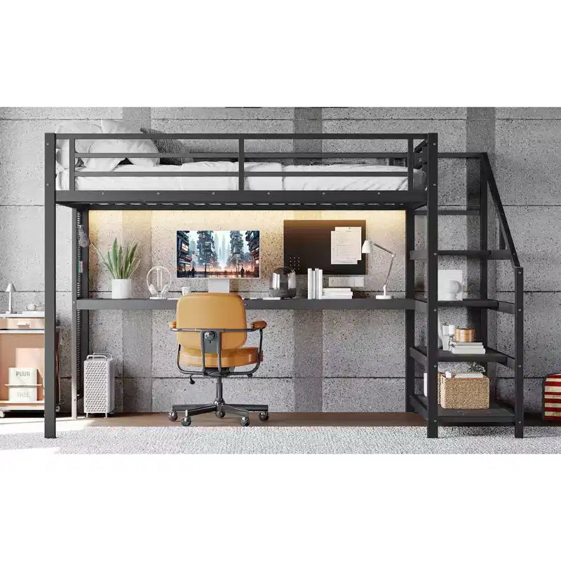 Lit mezzanine en métal avec bureau, escalier de rangement, lumières LED, ports USB, pas besoin de sommier tapissier et silencieux, noir