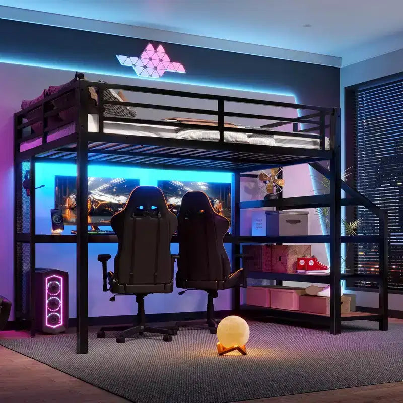 Lit mezzanine en métal avec bureau, escalier de rangement, lumières LED, ports USB, pas besoin de sommier tapissier et silencieux, noir