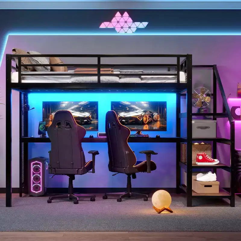 Lit mezzanine en métal avec bureau, escalier de rangement, lumières LED, ports USB, pas besoin de sommier tapissier et silencieux, noir