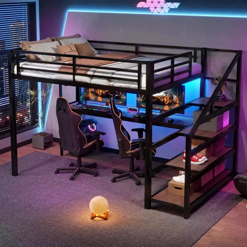 Lit mezzanine en métal avec bureau, escalier de rangement, lumières LED, ports USB, pas besoin de sommier tapissier et silencieux, noir