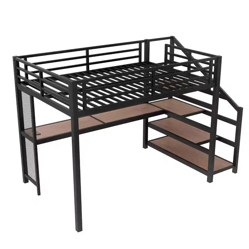 Lit mezzanine en métal avec bureau, escalier de rangement, lumières LED, ports USB, pas besoin de sommier tapissier et silencieux, noir