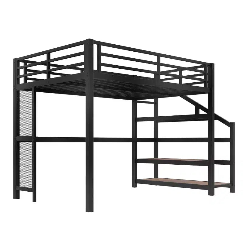Lit mezzanine en métal avec bureau, escalier de rangement, lumières LED, ports USB, pas besoin de sommier tapissier et silencieux, noir