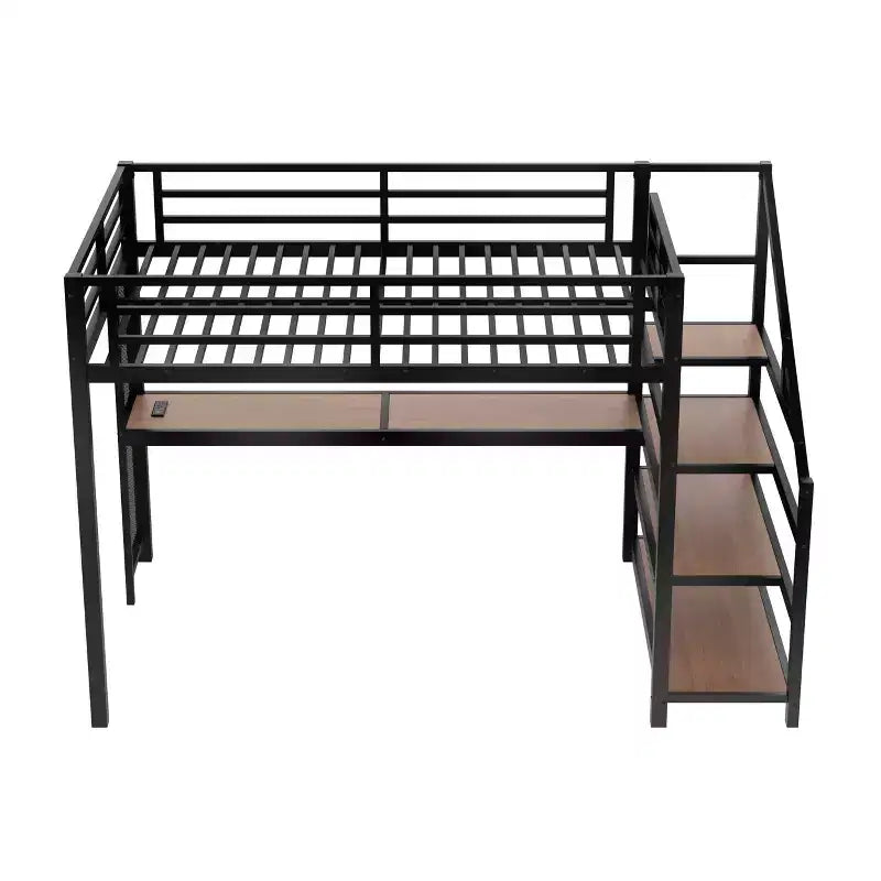 Lit mezzanine en métal avec bureau, escalier de rangement, lumières LED, ports USB, pas besoin de sommier tapissier et silencieux, noir