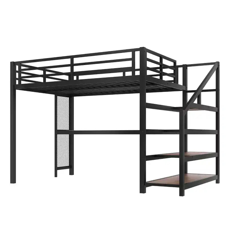 Lit mezzanine en métal avec bureau, escalier de rangement, lumières LED, ports USB, pas besoin de sommier tapissier et silencieux, noir