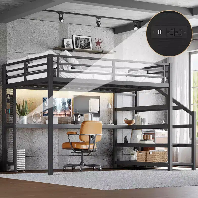 Lit mezzanine en métal avec bureau, escalier de rangement, lumières LED, ports USB, pas besoin de sommier tapissier et silencieux, noir