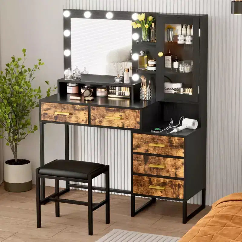 Large Makeup Vanity and Stool, Vanity Desk with Mirror and Lights, Makeup Table with Charging Station, Vanity Table with Drawers and LED Bulbs, Black