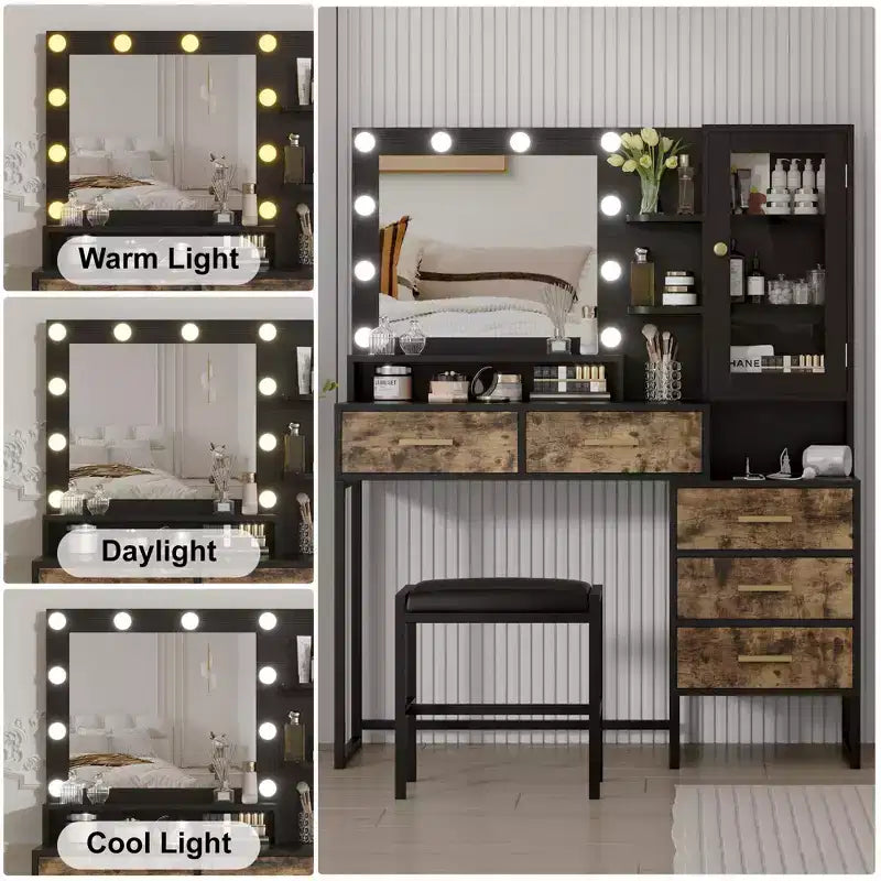Grande coiffeuse et tabouret, coiffeuse avec miroir et lumières, table de maquillage avec station de charge, coiffeuse avec tiroirs et ampoules LED, noir