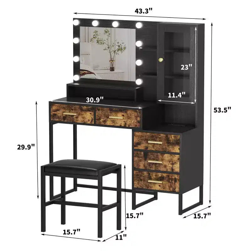 Grande coiffeuse et tabouret, coiffeuse avec miroir et lumières, table de maquillage avec station de charge, coiffeuse avec tiroirs et ampoules LED, noir
