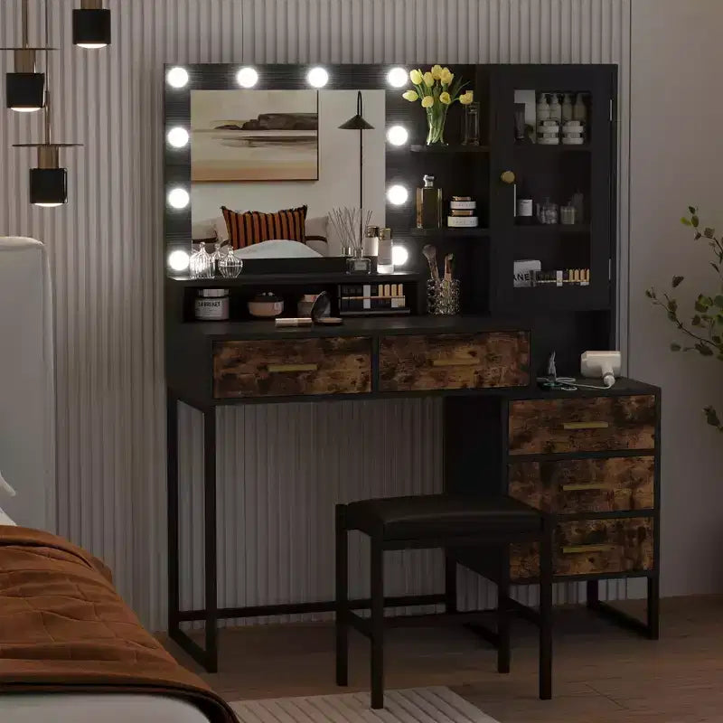 Grande coiffeuse et tabouret, coiffeuse avec miroir et lumières, table de maquillage avec station de charge, coiffeuse avec tiroirs et ampoules LED, noir