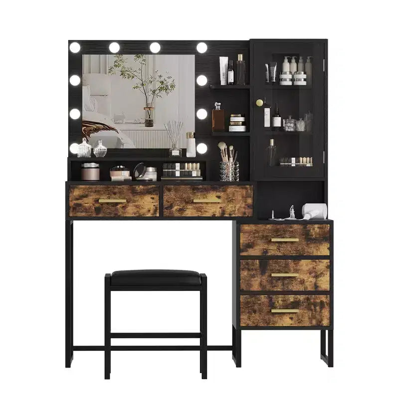 Grande coiffeuse et tabouret, coiffeuse avec miroir et lumières, table de maquillage avec station de charge, coiffeuse avec tiroirs et ampoules LED, noir
