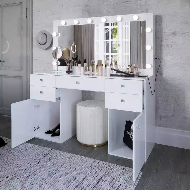 Coiffeuse blanche Georgina avec boutons en cristal - Boahaus